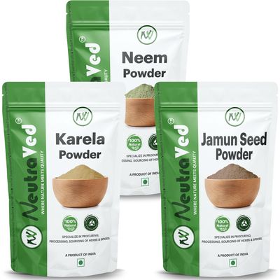 NeutraVed Neem, Karela, Jamun Seed Powder | Combo neem karela jamun powder | May Helps Blood Sugar Level & Reduces Bad Cholesterol 300g (100g Each)