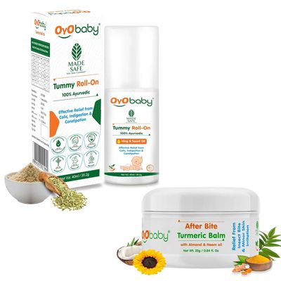 OYO BABY Tummy Roll On 40ml for Gastric & Colic Relief | After Bite Turmeric Balm 25g - 100% Ayurvedic, Insect & Mosquito Bite Protection