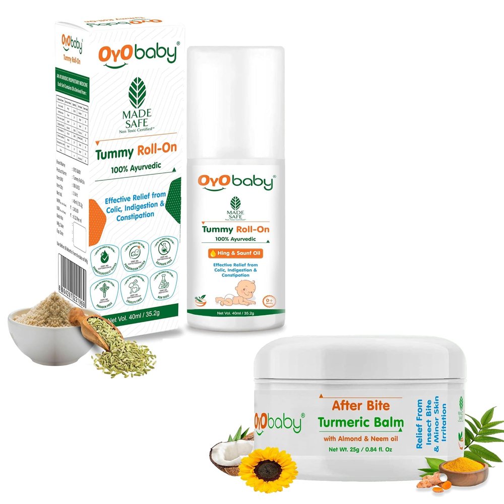 OYO BABY Tummy Roll On 40ml for Gastric & Colic Relief | After Bite Turmeric Balm 25g - 100% Ayurvedic, Insect & Mosquito Bite Protection