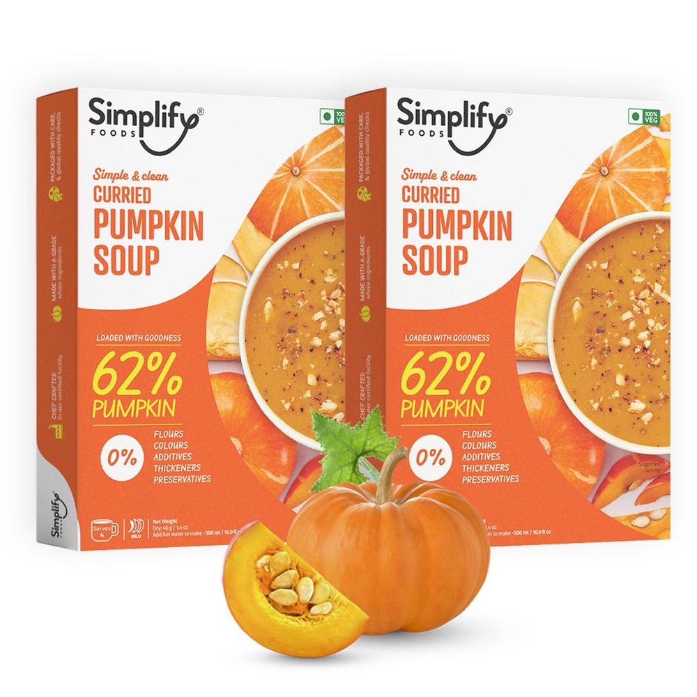 Simplify Foods Curried Pumpkin Instant Soup | Made with 62% Real Pumpkin | Pack of 2 (Each Makes 500ml) | Just Add Hot Water | No Cooking Required | Clean Label | 0% Additives or Preservatives