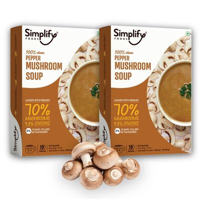 Simplify Foods Pepper Mushroom Instant Soup | Made with 70% Real Mushroom & Cracked Pepper | Pack of 2 (Each Makes 500ml) | Just Add Hot Water | No Cooking Required | Clean Label | 0% Additives or Preservatives.