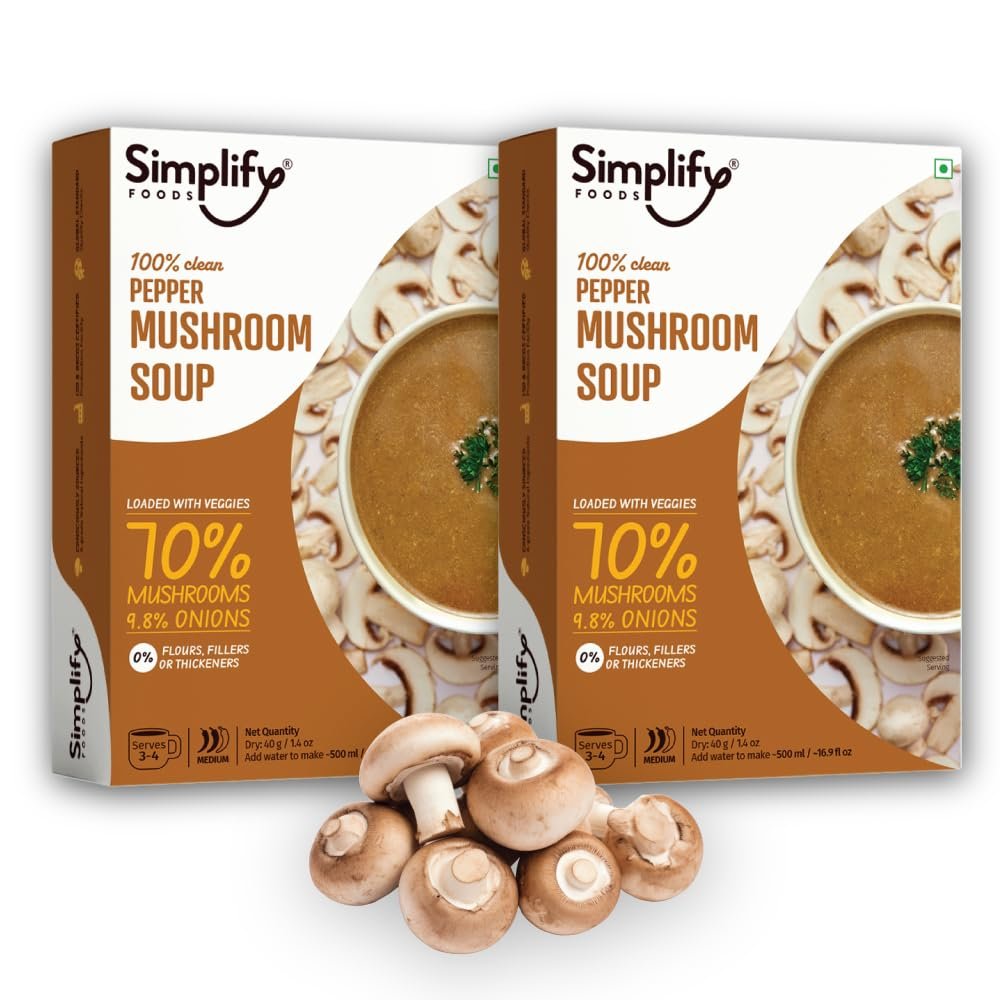 Simplify Foods Pepper Mushroom Instant Soup | Made with 70% Real Mushroom & Cracked Pepper | Pack of 2 (Each Makes 500ml) | Just Add Hot Water | No Cooking Required | Clean Label | 0% Additives or Preservatives.