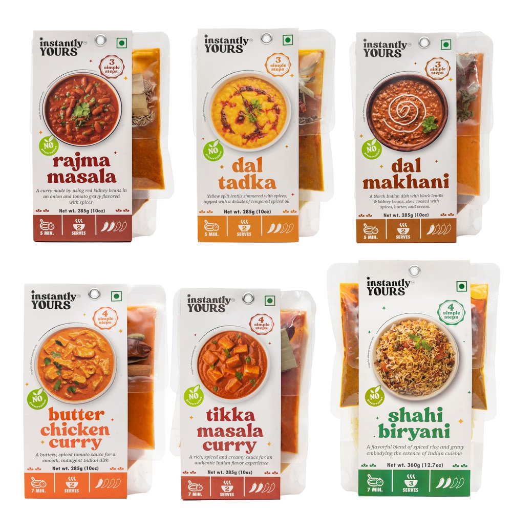 Instantly Yours Ready-to-Eat Indian Combo | Rajma Masala, Dal Tadka, Dal Makhani, Butter Chicken Curry, Tikka Masala, Shahi Biryani (360g) | 100% Natural Ingredients | No Preservatives | Authentic Indian Flavors | Gourmet Meal | 285g x 5