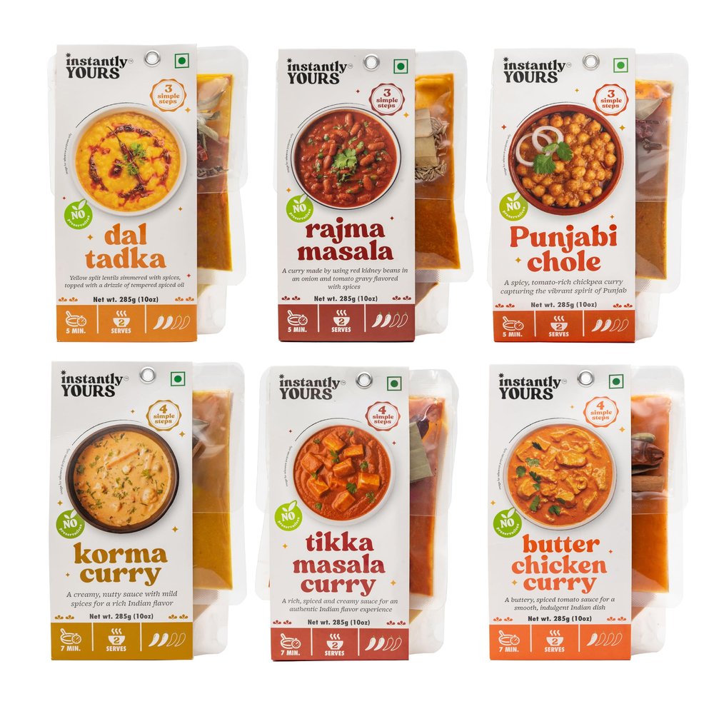 Instantly Yours Ready-to-Eat Indian Combo | Dal Tadka, Rajma Masala, Punjabi Chole, Korma Curry, Tikka Masala Curry & Butter Chicken Curry | 100% Natural Ingredients | No Preservatives | Authentic & Flavorful Indian Meals | Gourmet Dining | 285g x 6