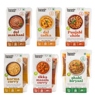 Instantly Yours Ready-to-Eat Indian Combo | Dal Makhani, Dal Tadka, Punjabi Chole, Korma Curry, Tikka Masala Curry, Shahi Biryani (360g) | 100% Natural Ingredients | No Preservatives | Authentic & Flavorful Indian Meals | Gourmet Dining | 285g x 5