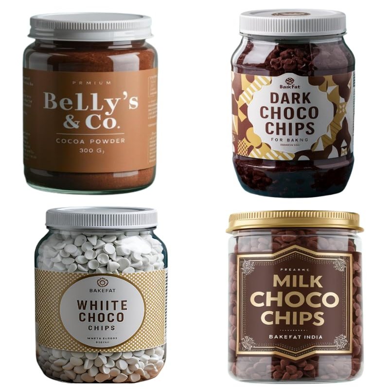 Bakefat India Baking Combo Pack: White, Milk, Dark Chips & Unsweetened Cocoa Powder - 250g Each