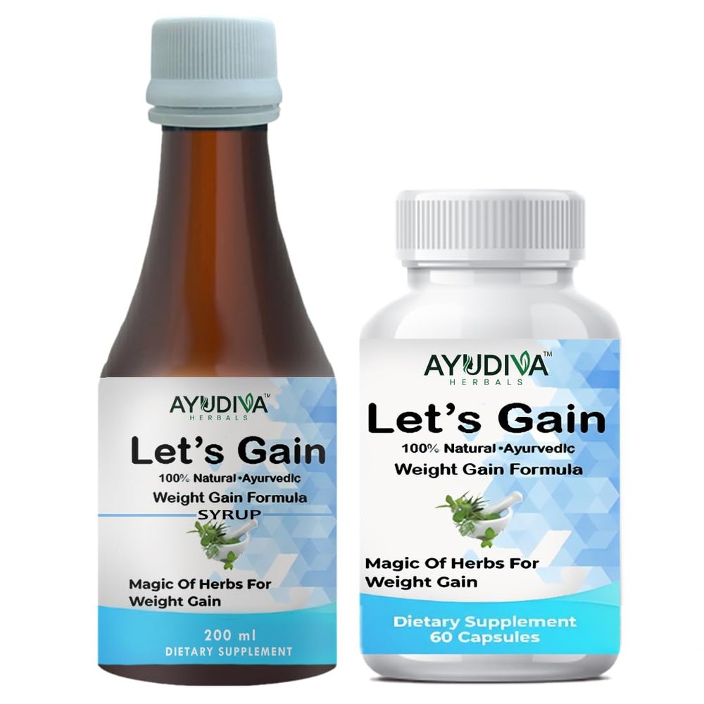 Ayudiva Herbals Let's Gain Ayurvedic Capsules & Syrup Combo Can Help to Gain Weight Naturally| 60 Capsules + 200ml Syrup