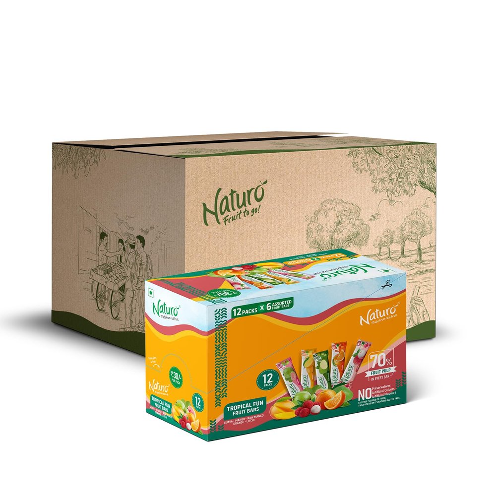 Naturo Tropical Fun Pouch Dispenser Jumbo Box | Pack of 5 (12 Pouches x 6 Fruit Bars Per Box) | Tropical Fun Gift Box | Fruit Lovers Pack | Birthday Party Sweets | Festival Box