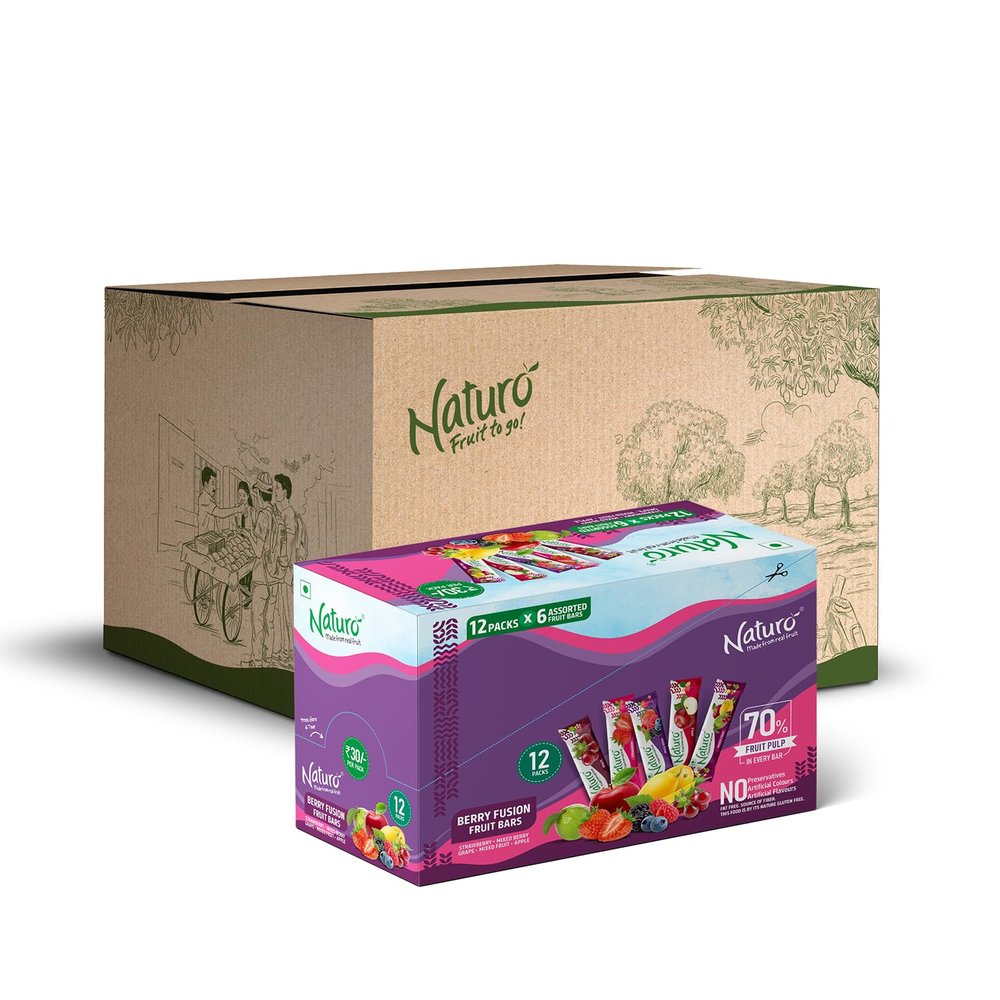 Naturo Berry Fusion Pouch Dispenser Jumbo Box | Pack of 5 (12 Pouches x 6 Fruit Bars Per Box) | Berry Fusion Gift Box | Fruit Lovers Pack | Birthday Party Sweets | Festival Box