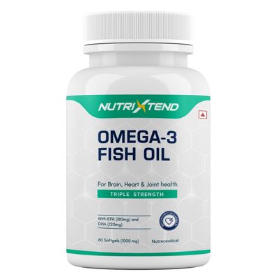 Nutrixtend Omega 3 Fish Oil 1000mg Capsules | Triple Strength EPA (180mg) & DHA (120mg) | Support For Heart, Brain, Joints, Skin & Hair Health in Men & Women | 60 Softgels