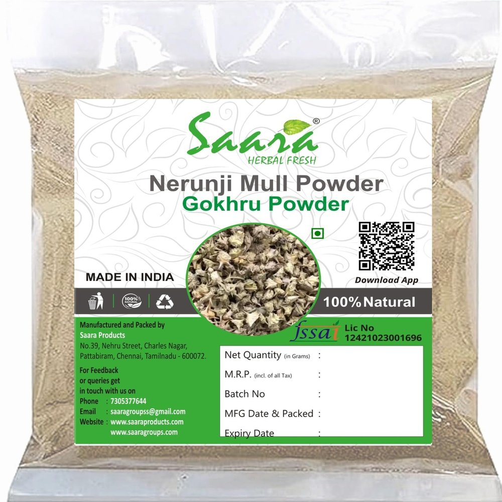 Saara HERBAL FRESH Nerunji Mull Powder, 100g, Gokhru, Nerinjil, Cinnapalleru, Tribulus Terrestris, Neggilu Mullu Crushed (Pack of 2 x 50g)