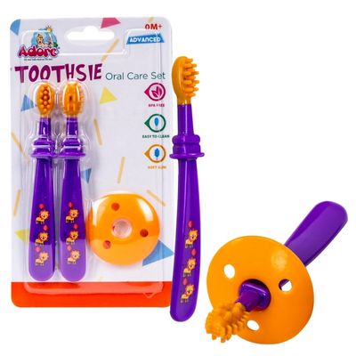 Adore Toothsie Baby Toothbrush |Oral Kit with Soft Chewable Bristle Beginner Brushing | Silicone Toothbrush for Toddler Kids (2Pcs) (Purple, Standerd)