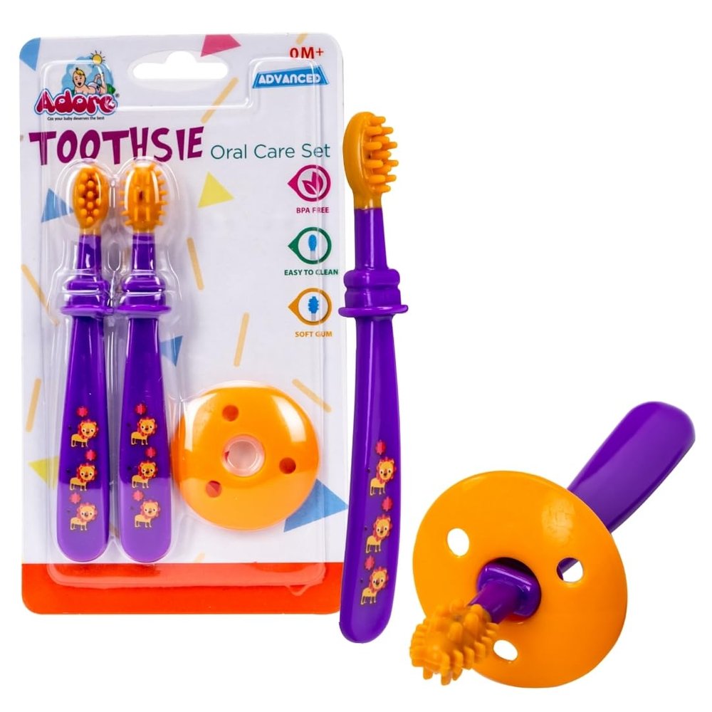 Adore Toothsie Baby Toothbrush |Oral Kit with Soft Chewable Bristle Beginner Brushing | Silicone Toothbrush for Toddler Kids (2Pcs) (Purple, Standerd)