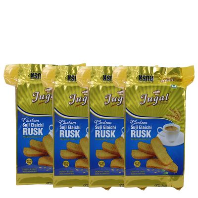 Jugal Bakers Custom Suji Elaichi Rusks (Pack of 4, 400gm Each) Sooji Cardamom Rusk, Healthy Evening Tea Time Crunchy Snacks, Baked Rusk Biscuits, Ready to Eat Breakfast Crispy Snack