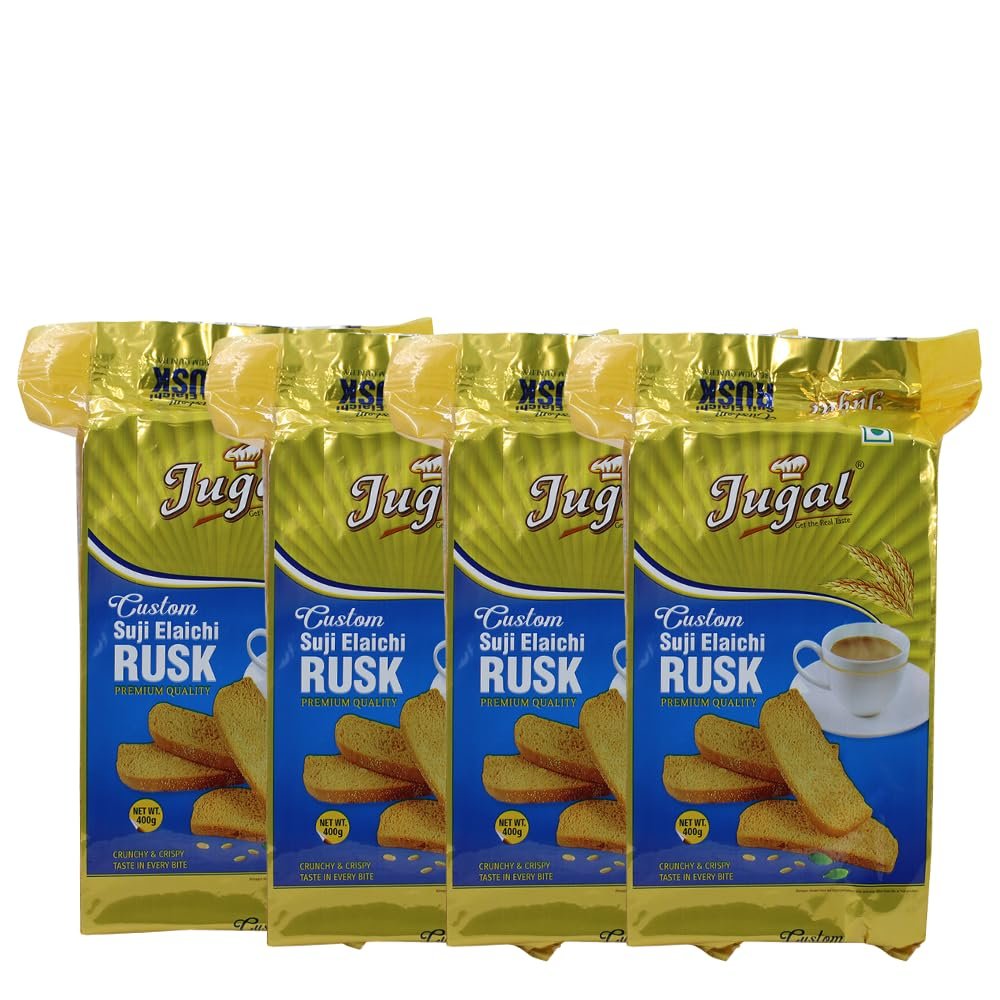 Jugal Bakers Custom Suji Elaichi Rusks (Pack of 4, 400gm Each) Sooji Cardamom Rusk, Healthy Evening Tea Time Crunchy Snacks, Baked Rusk Biscuits, Ready to Eat Breakfast Crispy Snack