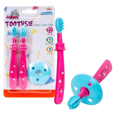 Adore Toothsie Baby Toothbrush |Oral Kit with Soft Chewable Bristle Beginner Brushing | Silicone Toothbrush for Toddler Kids (2Pcs) (Pink, Standerd)