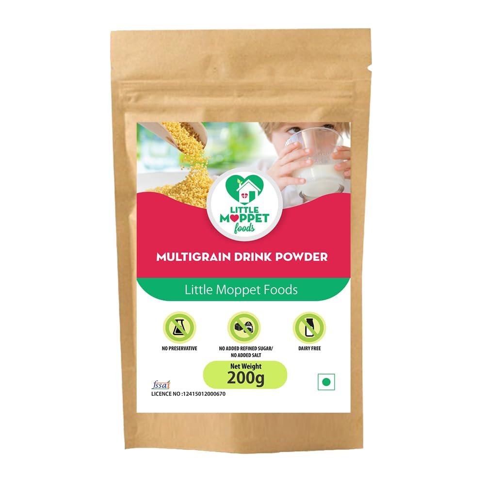Little Moppet Foods - Multigrain Drink Powder 200g | No Additives and Preservatives | Free from Added Salt and Sugar | Made with 8 Cereals and Nuts.
