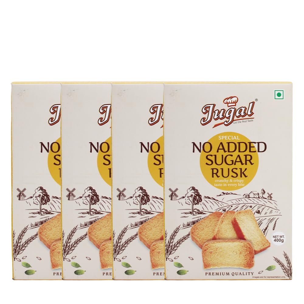 Jugal Bakers Sugar Free Rusks (Pack of 4, 400gm Each) Sooji Elaichi Baked Rusk Biscuits, Healthy Tea Time Crunchy Snacks, Ready to eat Breakfast, Digestive Biscuit, Bakery Rusk
