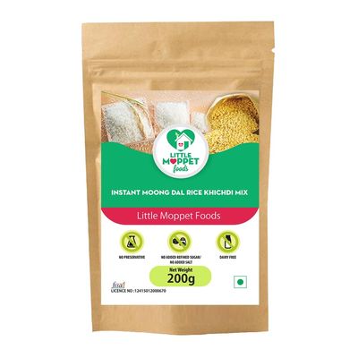 Little Moppet Foods Instant Moongdal Rice Khichdi Mix -200g | Quick Travel Meal for Little ones| Made by a Doctor Mom| No Milk, Additives and Preservatives | Free from Added Salt and Sugar | Made with Rice and Moongdal | Easy to digest | Protein Ri