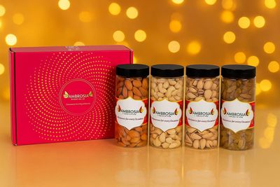 Ambrosia Dry Fruit Box, 860g - Premium Dryfruit Gift Hamper | Perfect Festive Gift for Loved ones | Gift Hamper | Almonds | Cashews | Pista | Raisins