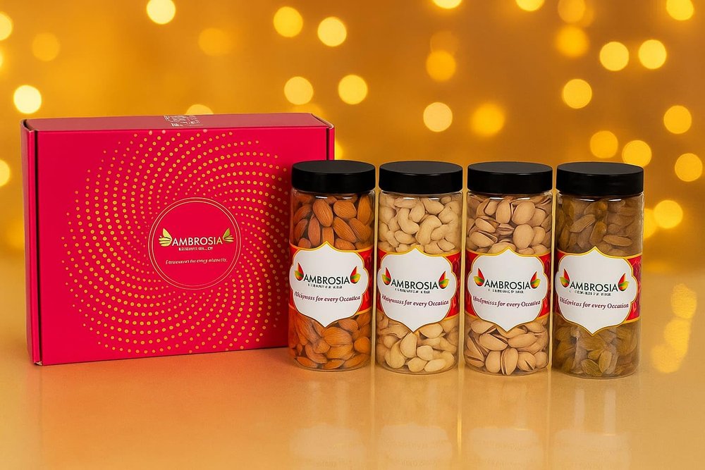 Ambrosia Dry Fruit Box, 860g - Premium Dryfruit Gift Hamper | Perfect Festive Gift for Loved ones | Gift Hamper | Almonds | Cashews | Pista | Raisins