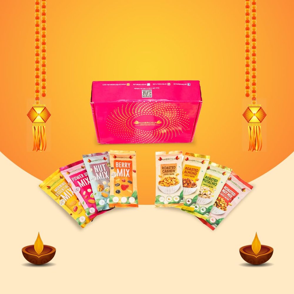 Ambrosia Dry Fruit Box, 320g - Premium Dryfruit Gift Hamper | Perfect Festive Gift for Loved ones | Gift Hamper | 8 Packs of Mini Trail Mixes