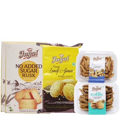 Jugal Bakers Combo of 2 Sugar Free Rusks (400gm Each) Ajwain Bakery Cookies (200gm) Namakpara & Matthi (400gm Each) (Pack of 5) Healthy Tea Time Snacks, Baked Biscuits, Mathri