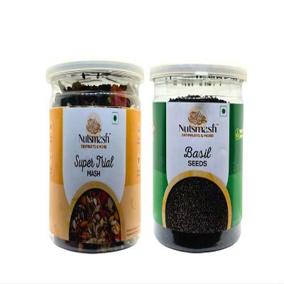 Nutsmash Healthy Dehydrated Fruits Combo of Super Trail Snack Mix 500G and Basil Seeds 500G