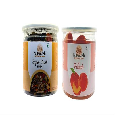 Nutsmash Healthy Dehydrated Fruits Combo of Super Trail Snack Mix 200G and RedPeach-200G