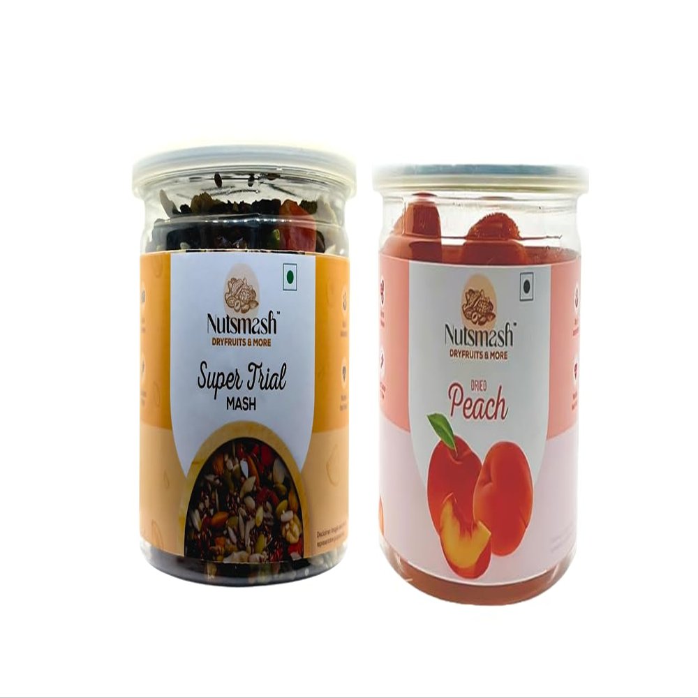 Nutsmash Healthy Dehydrated Fruits Combo of Super Trail Snack Mix 200G and RedPeach-200G