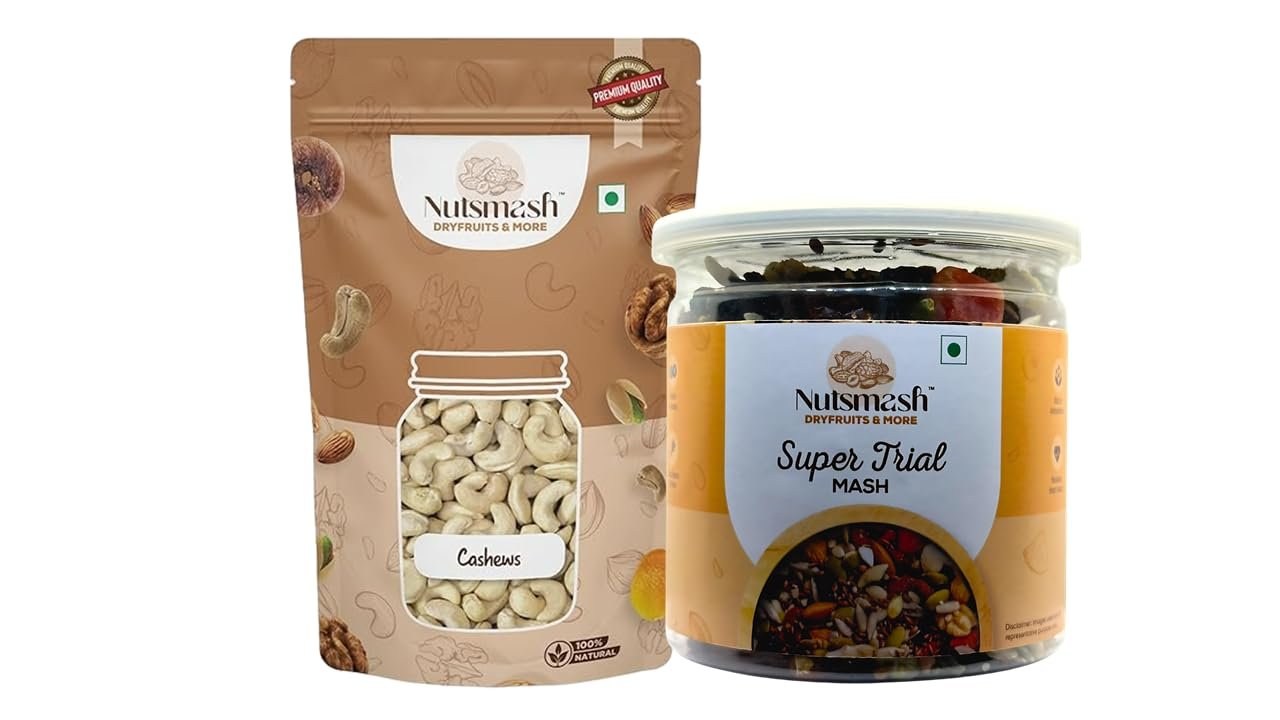 Nutsmash Healthy Dehydrated Fruits Combo of Super Trail Snack Mix 500G and Cashew-500G