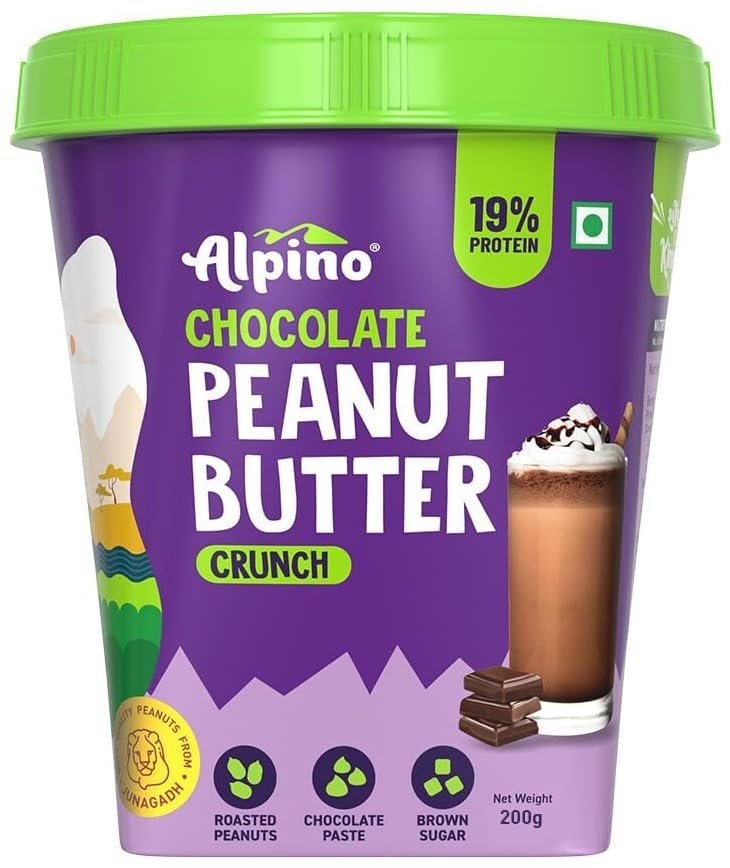 ALPINO Chocolate Peanut Butter Crunch 200g - Roasted Peanuts, Chocolate Paste, Brown Sugar & Sea Salt - 24g Protein, Vegan  Plant Based Peanut Butter Crunchy