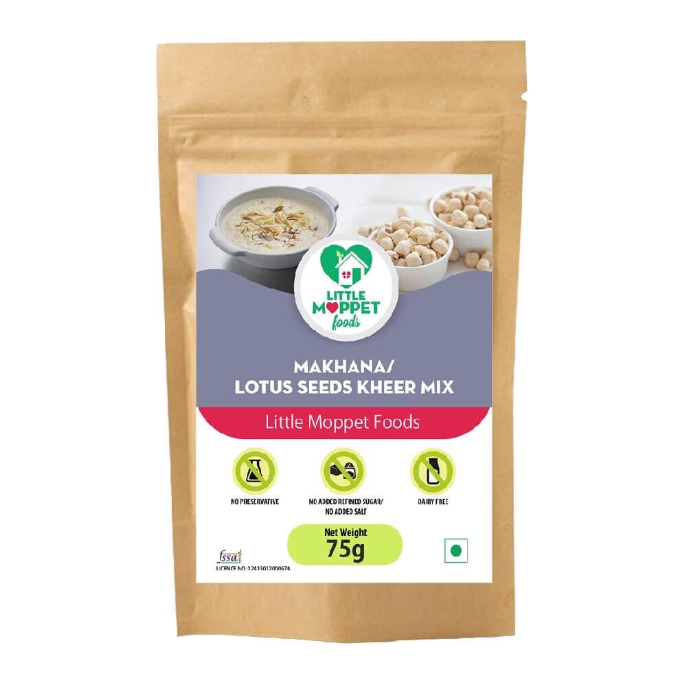Little Moppet Foods Makhana Kheer Mix |Lotus seeds Kheer mix 75g | No Additives and Preservatives | Free from Added Salt and Sugar |Made by a Doctor Mom | Sugar Free Dessert for Kids | Creamy & Delicious |Kesar Kheer Mix
