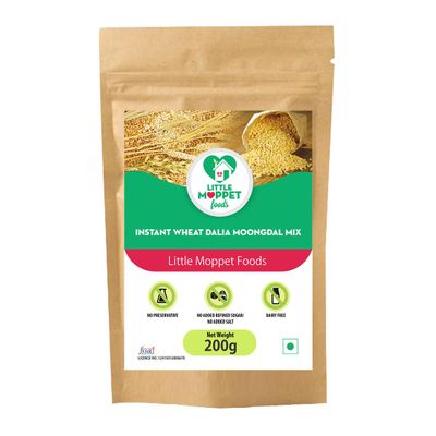 Little Moppet Foods  Instant Wheat Dalia Moongdal Mix 200g | No Additives and Preservatives | No Added Salt | No Sugar | No Milk| Combination of wheat daila and Moong Dal | Travel Friendly | Instant Cereal for Kids | Made by a Doctor Mom