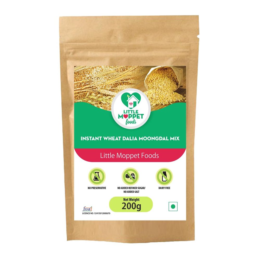 Little Moppet Foods  Instant Wheat Dalia Moongdal Mix 200g | No Additives and Preservatives | No Added Salt | No Sugar | No Milk| Combination of wheat daila and Moong Dal | Travel Friendly | Instant Cereal for Kids | Made by a Doctor Mom
