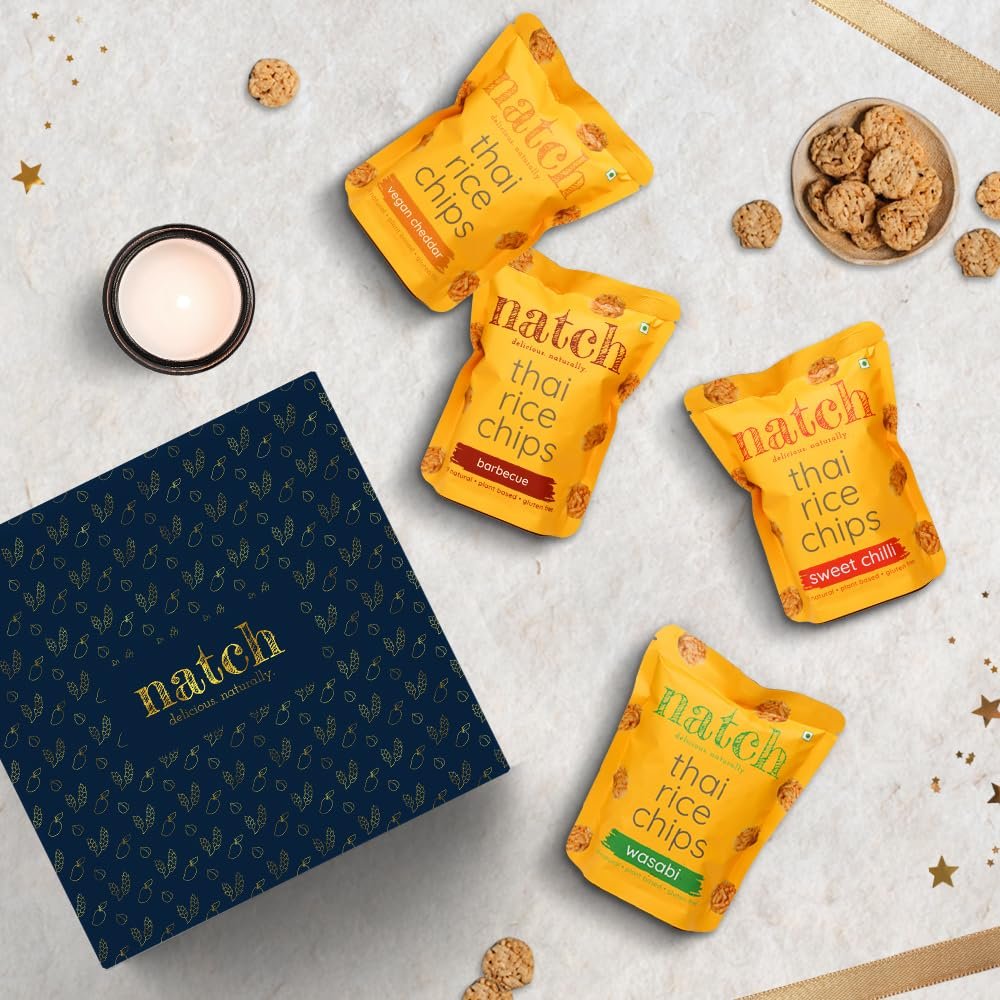 Natch Thai Rice Chips, Healthy Snakcs Gift Hamper, Pack of 4, | Flavours - Sweet Chilli, Vegan Cheddar, Barbecue, Wasabi | Gluten Free, Vegan, Crunchy Crackers - 100 gm