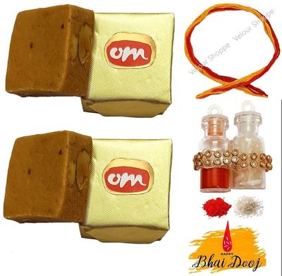 Bhai Dooj Tikka Gift Set for Brother- 2 Pcs Dry Fruit Chana Barfi OM Sweets, Roli, Chawal Gift Bottle Pack for Bhaiya