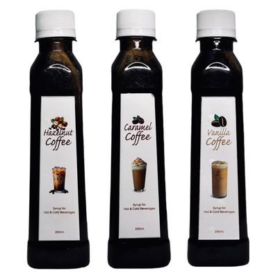 EMINENCE BEVERAGES HAZELNUT COFFEE, CARAMEL COFFEE & VANILLA COFFE SYRUP Instant Ready with in 2 minutes for hot coffee and cold coffee_(Pack of 3 bottle)