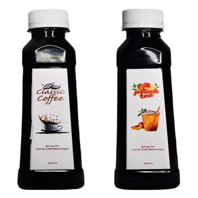 EMINENCE BEVERAGES Instant Coffee & Tea Syrup Combo Pack | Quick 2-Minute Brew for Hot & Cold Drinks | Convenient 2 Bottle Set for On-the-Go Satisfaction | Perfect for Coffee and Tea Lovers (250ml, Classic Ccoffee & Peach Tea)