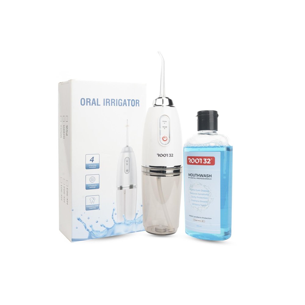 ROOT 32 Power Water Flosser - 230 ml | 4 Nozzles Included 3 Pressure Settings | Frequency Pulse Cleaning | 1 Year Warranty | Dental Flosser for Teeth Oral Care Waterflosser (Multicolor, Combo -1 Waterflosser 1 Mouthwash)