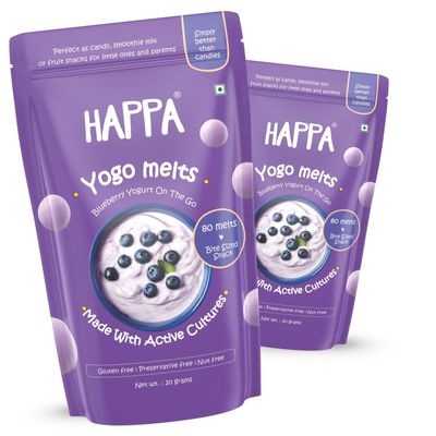 Happa Blueberry Yogurt Melts | Real Greek Yogurt Candy for Babies, Kids & Adults | No Added Sugar, No Colours, No Artificial Flavours | Melt-in-Mouth | 8M+ | Single Ingredient | 20g Pack of 2
