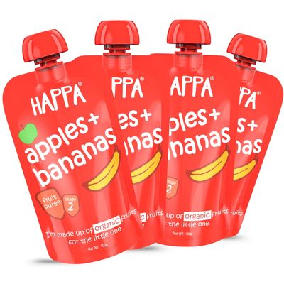 Happa Organic Baby Food Apple and Banana Puree | 100% Fruits | No Added Sugar, No Milk Powder, No Preservatives | Stage 2 (6 Months+) | Ready to Eat | Free from Common Allergens | Pack of 4 (100g Each)