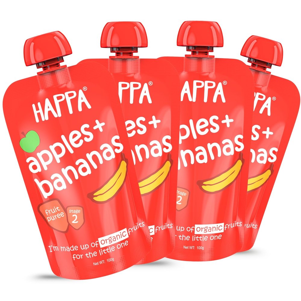 Happa Organic Baby Food Apple and Banana Puree | 100% Fruits | No Added Sugar, No Milk Powder, No Preservatives | Stage 2 (6 Months+) | Ready to Eat | Free from Common Allergens | Pack of 4 (100g Each)