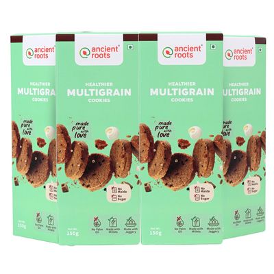 Ancient Roots Multigrain Cookies | Tea Biscuits, Breakfast Snacks for Kids 600 gm (150gm x 4) | Made with Millet Flours, White Butter and Jaggery | No Maida and No Refined Sugar (Pack of 4)