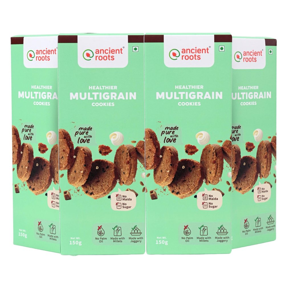 Ancient Roots Multigrain Cookies | Tea Biscuits, Breakfast Snacks for Kids 600 gm (150gm x 4) | Made with Millet Flours, White Butter and Jaggery | No Maida and No Refined Sugar (Pack of 4)