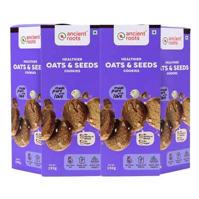 Ancient Roots Oats ad Seeds Cookies | Tea Biscuits, Breakfast Snacks for Kids 600 gm (150gm x 4) | Made with Millet Flours, White Butter and Jaggery | No Maida and No Refined Sugar (Pack of 4)