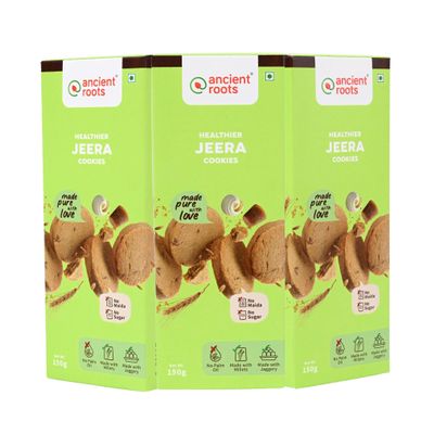Ancient Roots Jeera Cookies | Tea Biscuits, Breakfast Snacks for Kids 450 gm (150gm x 3) | Made with Millet Flours, White Butter and Jaggery | No Maida and No Refined Sugar (Pack of 3)