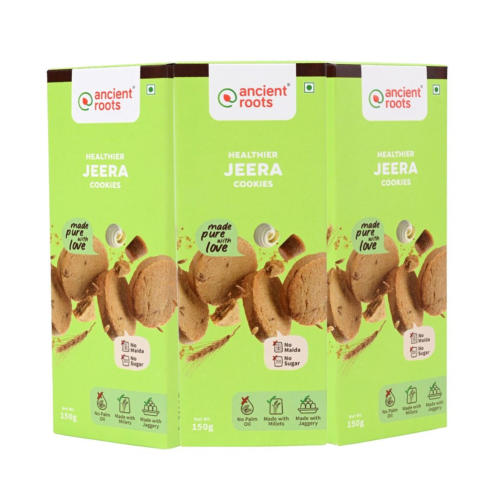 Ancient Roots Jeera Cookies | Tea Biscuits, Breakfast Snacks for Kids 450 gm (150gm x 3) | Made with Millet Flours, White Butter and Jaggery | No Maida and No Refined Sugar (Pack of 3)