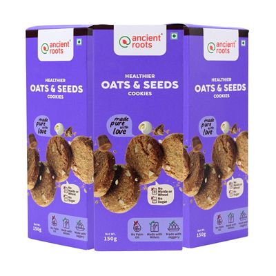 Ancient Roots Oats ad Seeds Cookies | Tea Biscuits, Breakfast Snacks for Kids 450 gm (150gm x 3) | Made with Millet Flours, White Butter and Jaggery | No Maida and No Refined Sugar (Pack of 3)