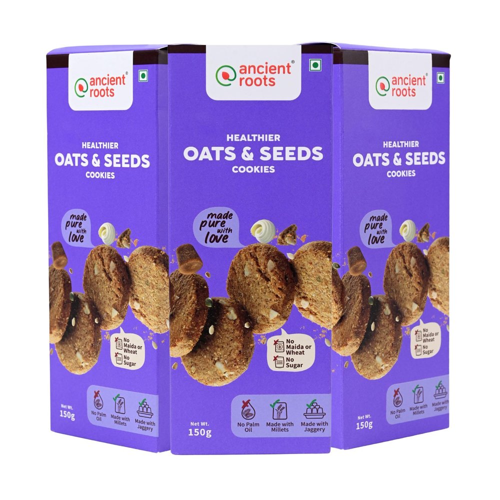 Ancient Roots Oats ad Seeds Cookies | Tea Biscuits, Breakfast Snacks for Kids  450 gm (150gm x 3) | Made with Millet Flours, White Butter and Jaggery | No Maida and No Refined Sugar (Pack of 3)